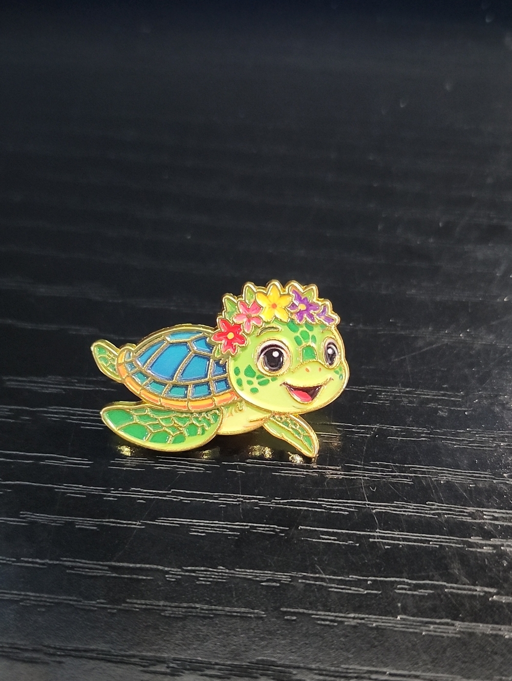 Sea Turtle Enamel Pin - Green Turtle with Floral Crown